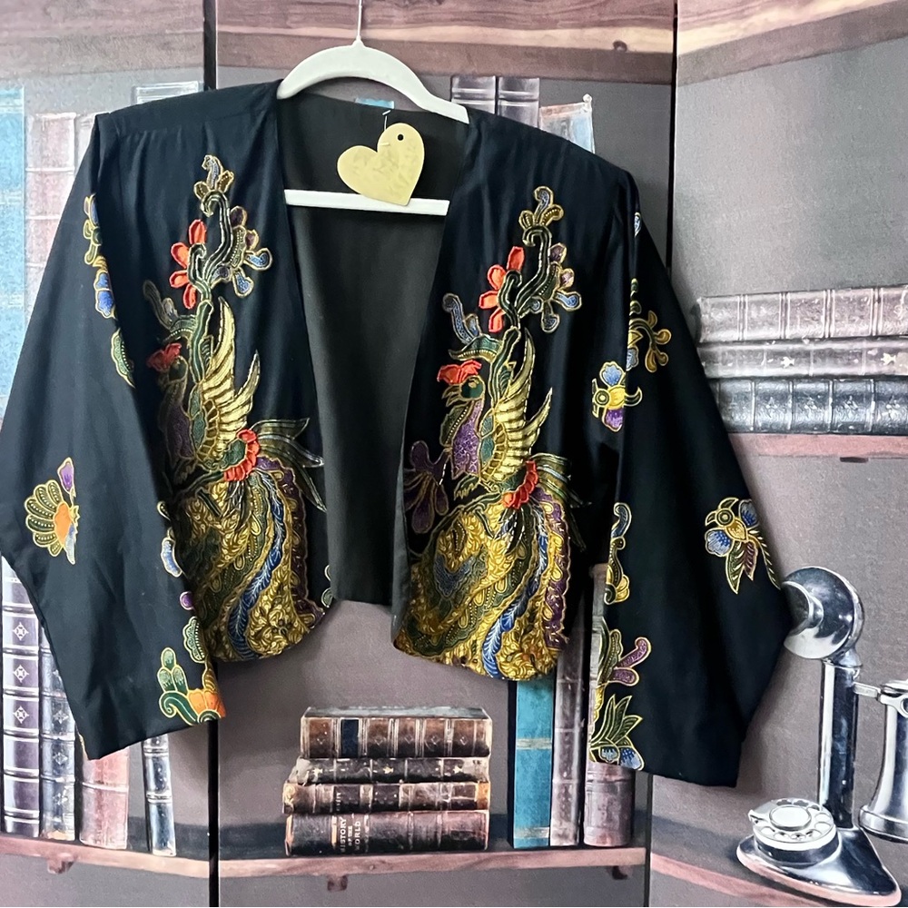 Vintage Custom Embroidered Black Kimono Jacket